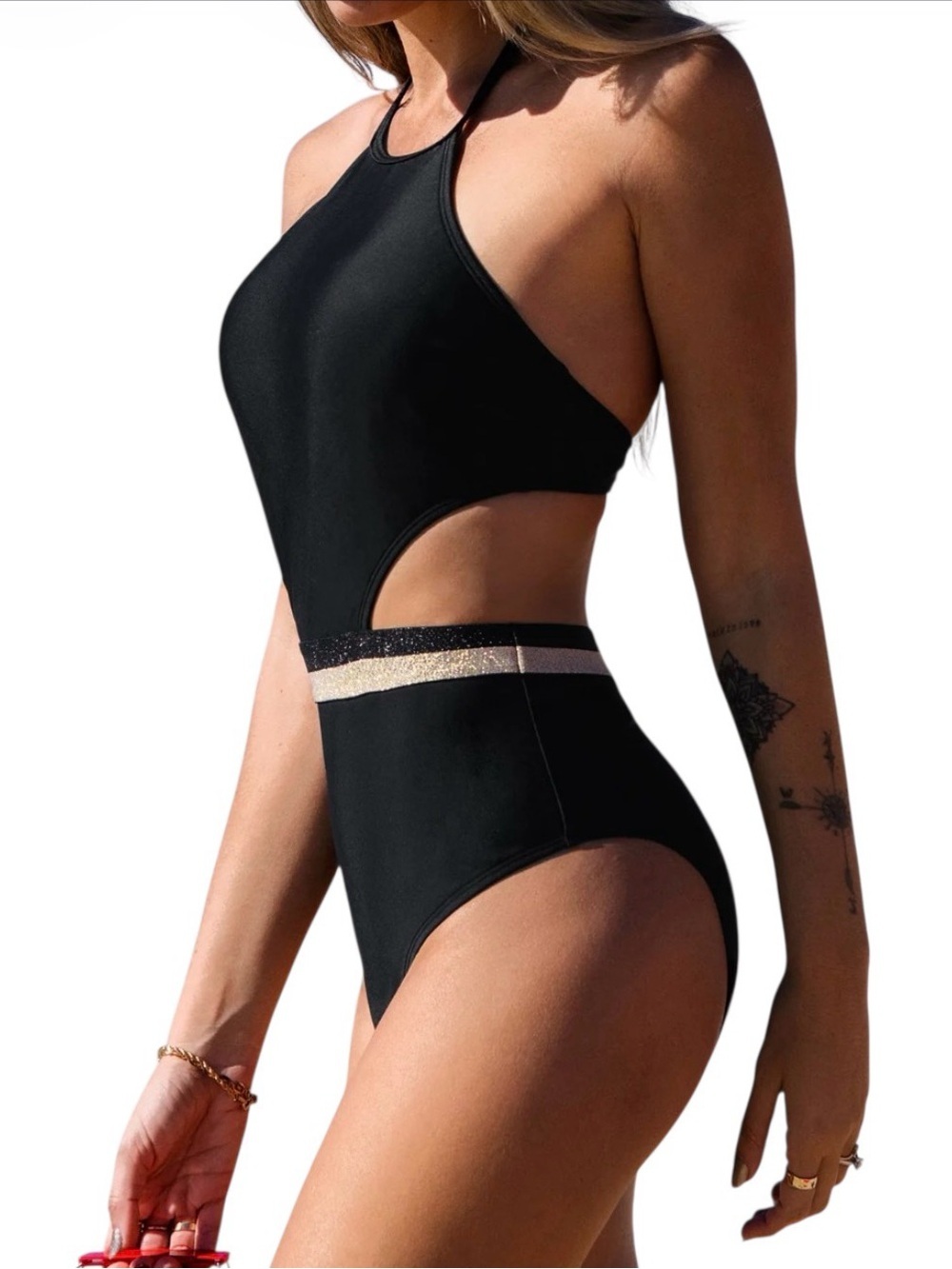 Cupshe Aurora Coast Cutout Halter Monokini Swimsuit Size XS Black Gold NEW
